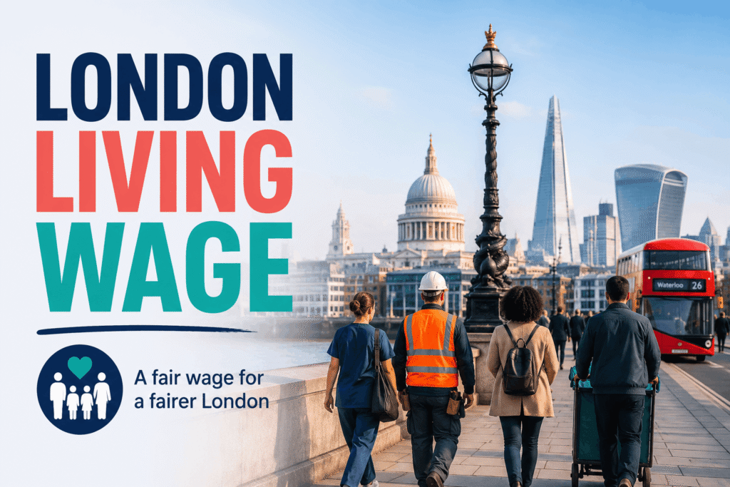 London Living Wage campaign featured image showing workers walking along the Thames River with iconic London landmarks, including St. Paul’s Cathedral and The Shard, alongside bold “London Living Wage” text promoting fair pay in London.
