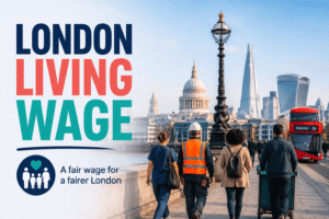 London Living Wage campaign featured image showing workers walking along the Thames River with iconic London landmarks, including St. Paul’s Cathedral and The Shard, alongside bold “London Living Wage” text promoting fair pay in London.