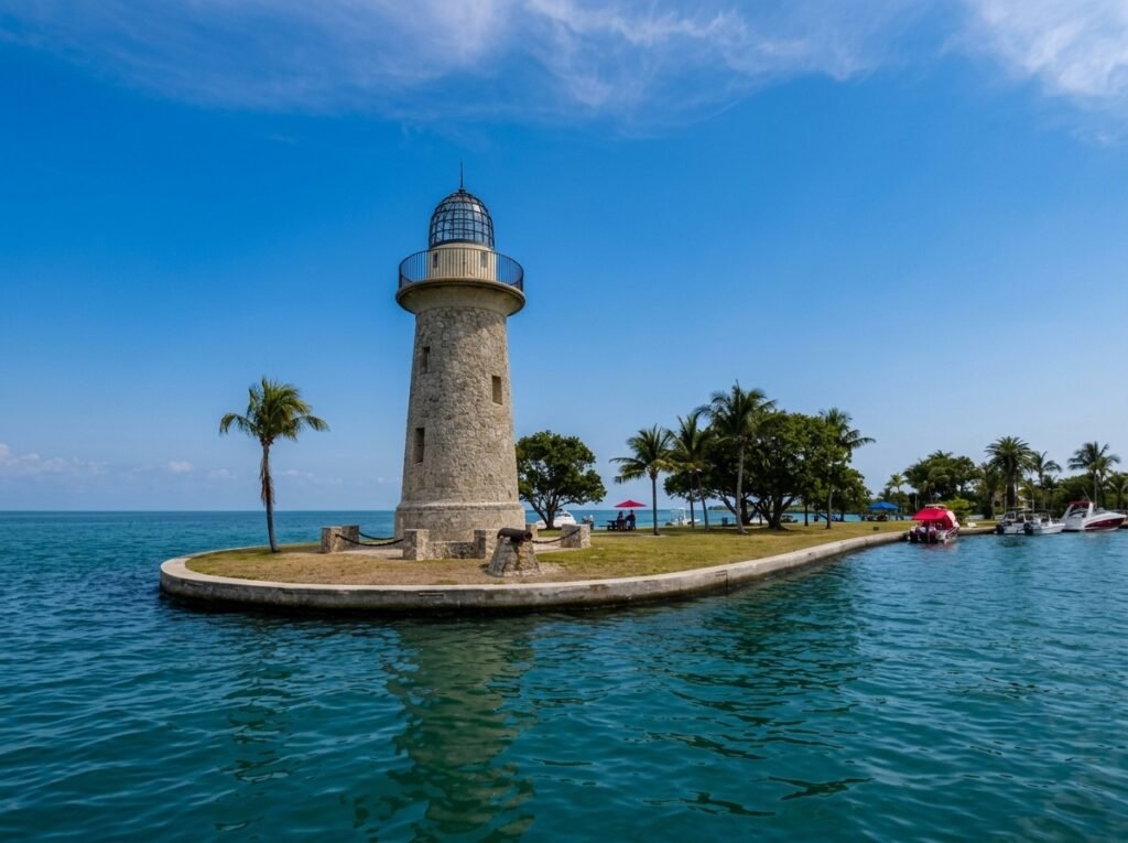 Clear blue water with boats near a coastal park