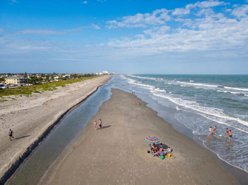 Cocoa Beach Florida at early morning with surfers and wide open shoreline, a classic beach in Florida