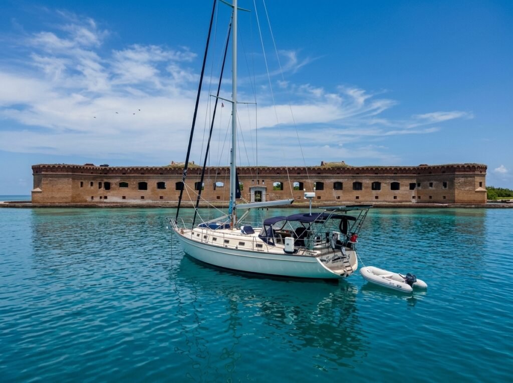 Historic fort surrounded by turquoise ocean water
