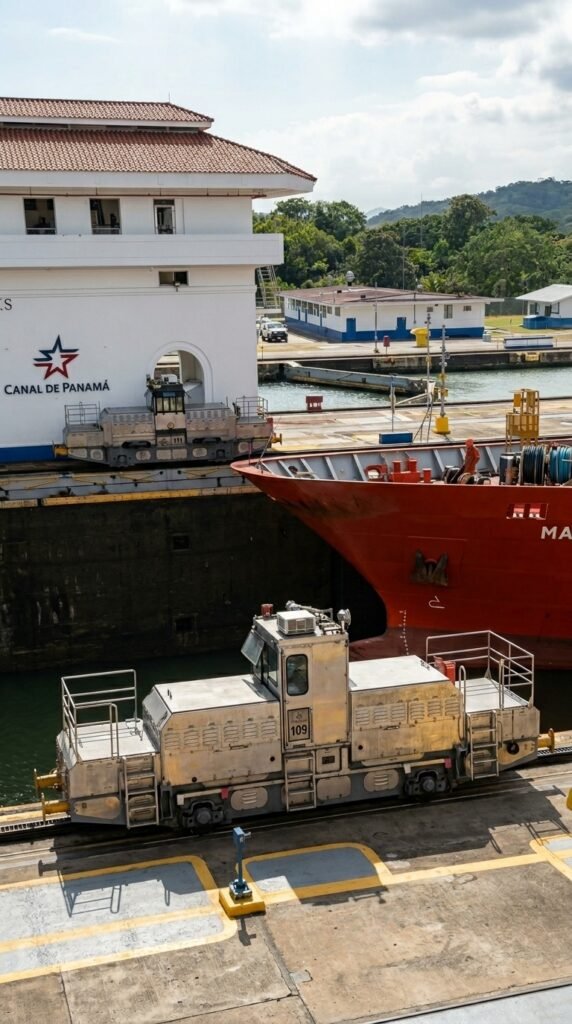 A large container ship passing through the Miraflores Locks at the Panama Canal, viewed from the observation deck