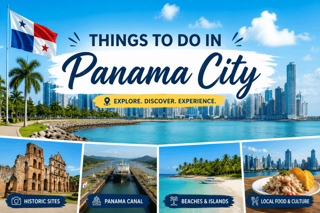 Featured travel collage of Panama City, Panama, showcasing the modern skyline along the waterfront, the Panama Canal, historic Casco Viejo architecture, tropical beaches and islands, local cuisine, and the Panamanian flag. Large headline reads 'Things to Do in Panama City' with a bright blue sky and vibrant tourism-themed design.